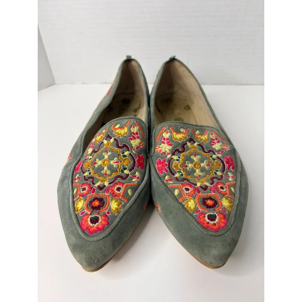 Boden Womens Embroidered Suede Loafers Teal Floral Pointed Toe Flats 36 632556 6 - Picture 2 of 8